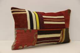 Vintage Turkish Kilim Lumbar Pillow Cover, Boho Patchwork Cushion - 12x20 In