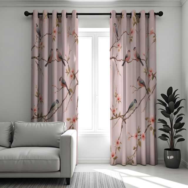 Dusty Pink Bird Curtains, Blossom Branch Floral Drapes, Custom Window Panels For Bedroom Or Living Room Decor - image 1