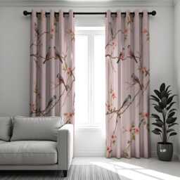 Dusty Pink Bird Curtains, Blossom Branch Floral Drapes, Custom Window Panels For Bedroom Or Living Room Decor - thumbnail 1