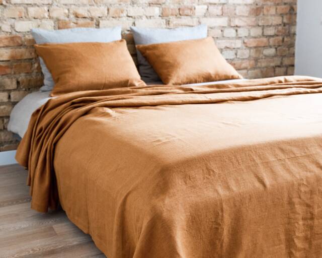Linen Bedspread Terracotta Color. Medium Weight Bed Throw. Pure Cover in Bedroom. Cosy Heavy Bedspread - image 1