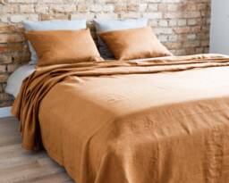 Linen Bedspread Terracotta Color. Medium Weight Bed Throw. Pure Cover in Bedroom. Cosy Heavy Bedspread - thumbnail 1
