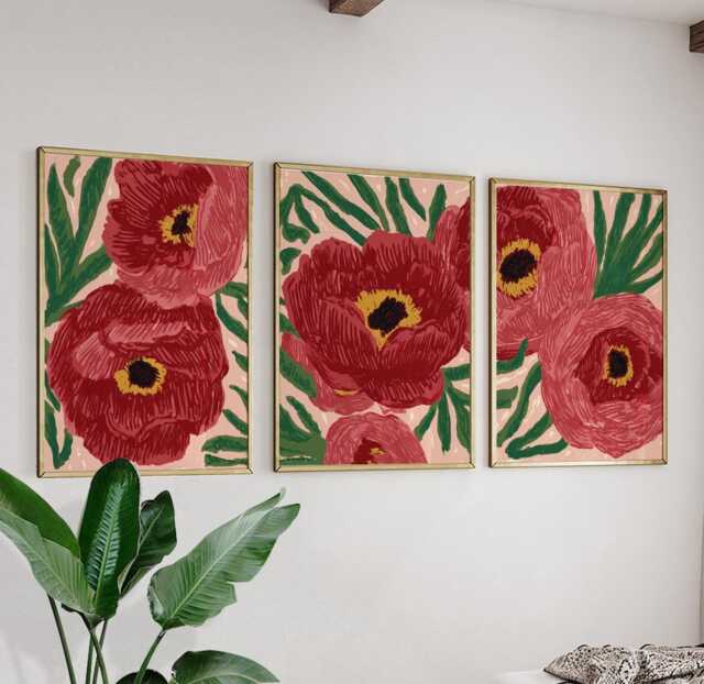 Red Floral Wall Art Posters Set Of 3 - Bold Botanical Prints Modern Graphic Triptych - image 1