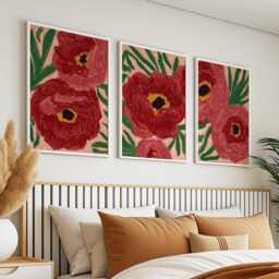 Red Floral Wall Art Posters Set Of 3 - Bold Botanical Prints Modern Graphic Triptych - thumbnail 2