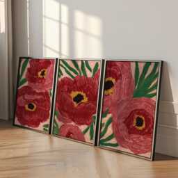 Red Floral Wall Art Posters Set Of 3 - Bold Botanical Prints Modern Graphic Triptych - thumbnail 3