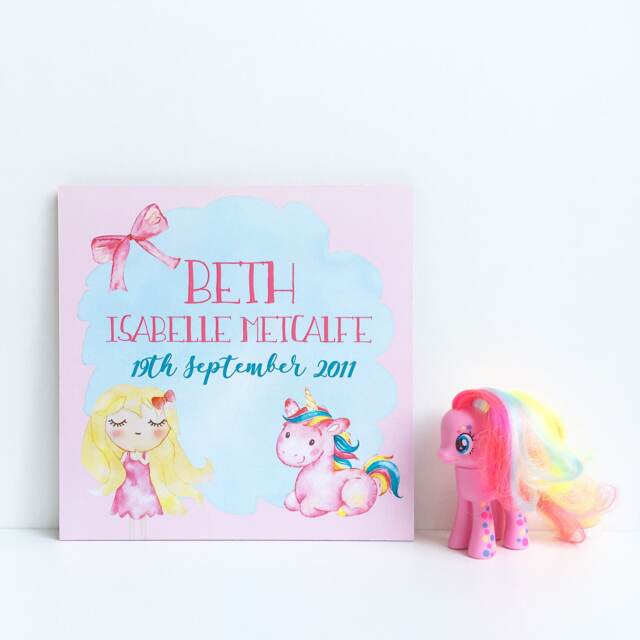 Unicorn Baby Girl Plaque, Birth Announcement Theme Nursery, Pink Decor, New Art - image 1