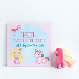 Unicorn Baby Girl Plaque, Birth Announcement Theme Nursery, Pink Decor, New Art - thumbnail 1