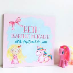 Unicorn Baby Girl Plaque, Birth Announcement Theme Nursery, Pink Decor, New Art - thumbnail 2
