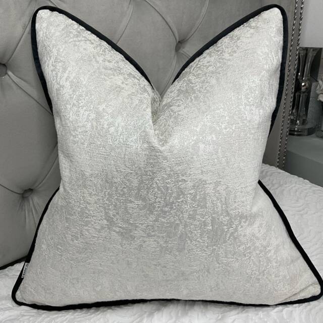 White Cushion Cover With Silver Shimmer - Diana Textured Fabric Black Piping Handmade in UK -Elegant Luxury Pillow For Sofa Or Bed - image 1