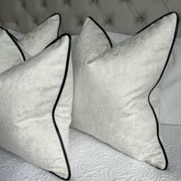 White Cushion Cover With Silver Shimmer - Diana Textured Fabric Black Piping Handmade in UK -Elegant Luxury Pillow For Sofa Or Bed - thumbnail 2