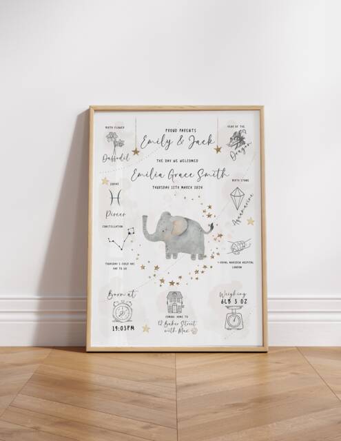 Elephant Birth Details Print, Neutral Nursery Decor, Safari Theme - image 1