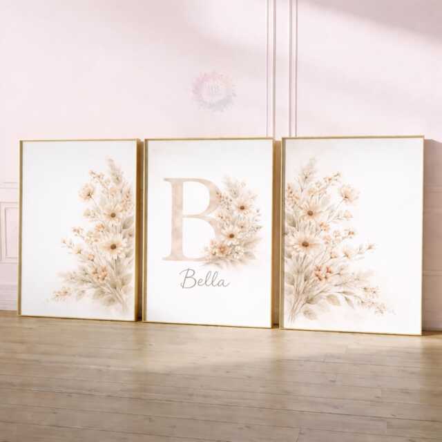 Girls Boho Wildflower Nursery Prints - Personalised Botanical Set, Floral Girl Bedroom Wall Art - image 1