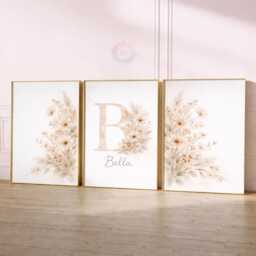 Girls Boho Wildflower Nursery Prints - Personalised Botanical Set, Floral Girl Bedroom Wall Art