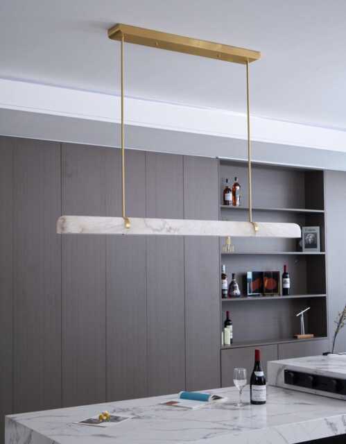 Luxury Alabaster Linear Pendant Light, Brass Kitchen Island Chandelier, Marble Rod Hanging Natural Stone Dining Table Light Fixture - image 1