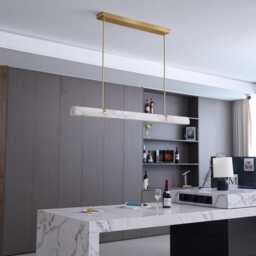 Luxury Alabaster Linear Pendant Light, Brass Kitchen Island Chandelier, Marble Rod Hanging Natural Stone Dining Table Light Fixture - thumbnail 2