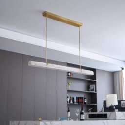 Luxury Alabaster Linear Pendant Light, Brass Kitchen Island Chandelier, Marble Rod Hanging Natural Stone Dining Table Light Fixture - thumbnail 3