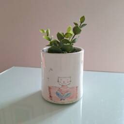 Handmade Ceramic Planter Cat Reading Book, Whimsical Pottery - thumbnail 3