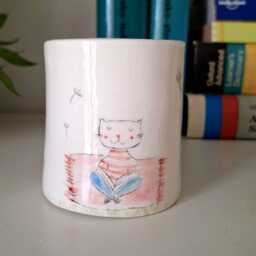 Handmade Ceramic Planter Cat Reading Book, Whimsical Pottery - thumbnail 2