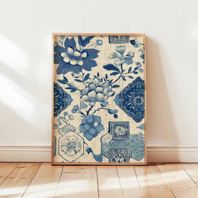 Blue Floral Porcelain Print, Chinese Ceramic Pattern Poster, Vintage Botanical Wall Art, Chinoiserie Style Digital Download - image 1