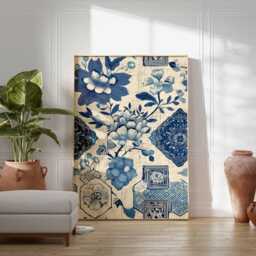 Blue Floral Porcelain Print, Chinese Ceramic Pattern Poster, Vintage Botanical Wall Art, Chinoiserie Style Digital Download - thumbnail 2