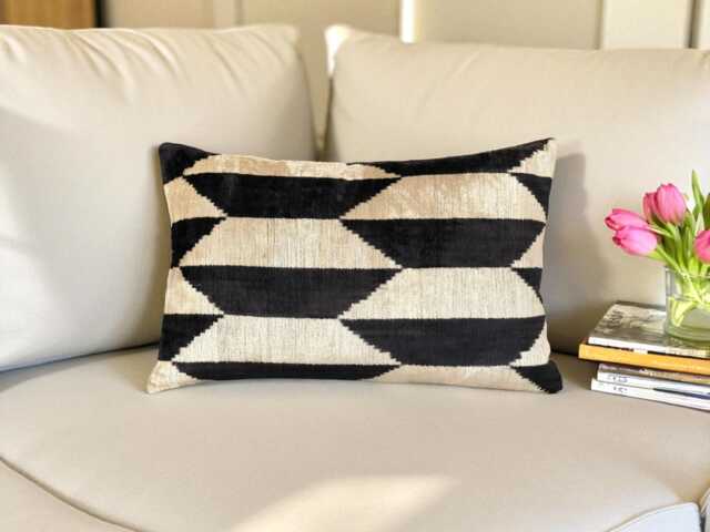 Black & White Ikat Lumbar Pillow Silk Velvet Cushion Cover - image 1