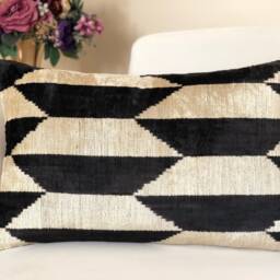Black & White Ikat Lumbar Pillow Silk Velvet Cushion Cover - thumbnail 2