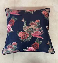 Peacock Design Scatter Cushion Navy Blue & Pink Floral, Handmade in UK - thumbnail 1