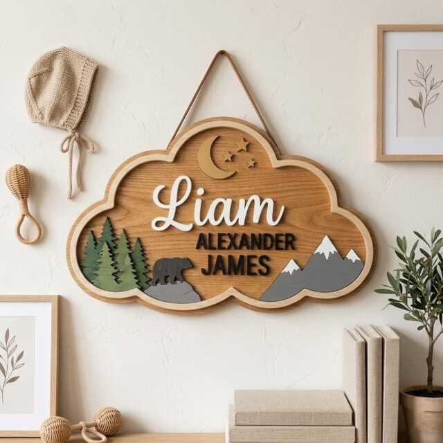 Personalized Woodland Nursery Name Sign, Bear Decor, Mountain Wall Art, Custom Baby Forest Theme Room Decor - image 1