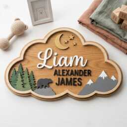 Personalized Woodland Nursery Name Sign, Bear Decor, Mountain Wall Art, Custom Baby Forest Theme Room Decor - thumbnail 3