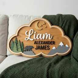 Personalized Woodland Nursery Name Sign, Bear Decor, Mountain Wall Art, Custom Baby Forest Theme Room Decor - thumbnail 4