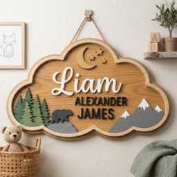 Personalized Woodland Nursery Name Sign, Bear Decor, Mountain Wall Art, Custom Baby Forest Theme Room Decor - thumbnail 2
