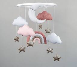 Crib Baby Mobile Girl, Rainbow Nursery, Pink Cloud Gold Stars Mobile, Hanging Cot Felt, Nursery Decor