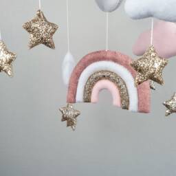 Crib Baby Mobile Girl, Rainbow Nursery, Pink Cloud Gold Stars Mobile, Hanging Cot Felt, Nursery Decor - thumbnail 3
