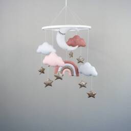 Crib Baby Mobile Girl, Rainbow Nursery, Pink Cloud Gold Stars Mobile, Hanging Cot Felt, Nursery Decor - thumbnail 2