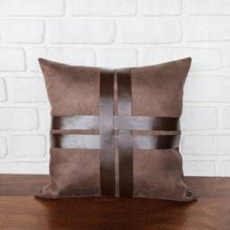 Brown Suede Pillow Cover With Faux Leather Straps - 16x16'' - thumbnail 3