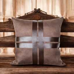 Brown Suede Pillow Cover With Faux Leather Straps - 16x16'' - thumbnail 4