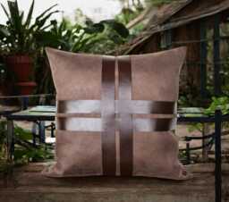Brown Suede Pillow Cover With Faux Leather Straps - 16x16''