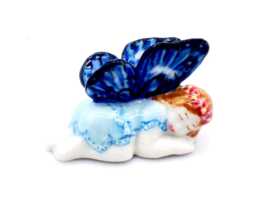 Miniature Ceramic Fairy Princess Sleeping Little Blue White Figurine Tiny Statue Small Decoration Collectible Hand Painted Figure Deco