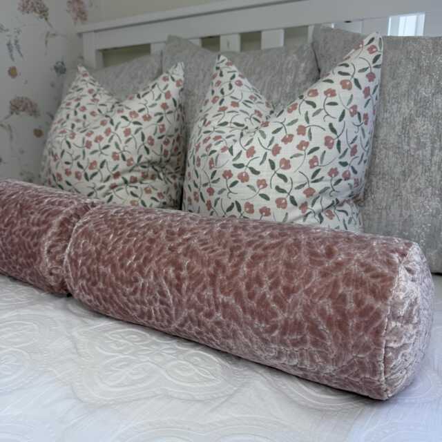 Pink Velvet Bolster Cushion Abstract Leaves Design, Textured Designer Fabric, Handmade UK - image 1
