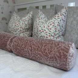 Pink Velvet Bolster Cushion Abstract Leaves Design, Textured Designer Fabric, Handmade UK - thumbnail 1