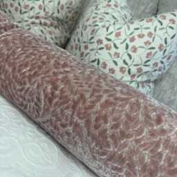 Pink Velvet Bolster Cushion Abstract Leaves Design, Textured Designer Fabric, Handmade UK - thumbnail 3