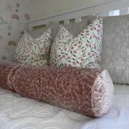 Pink Velvet Bolster Cushion Abstract Leaves Design, Textured Designer Fabric, Handmade UK - thumbnail 4