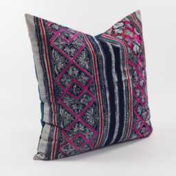Hmong Hill Tribe Pillow Cover, Indigo Batik Embroidery, Boho Accent Throw - thumbnail 3
