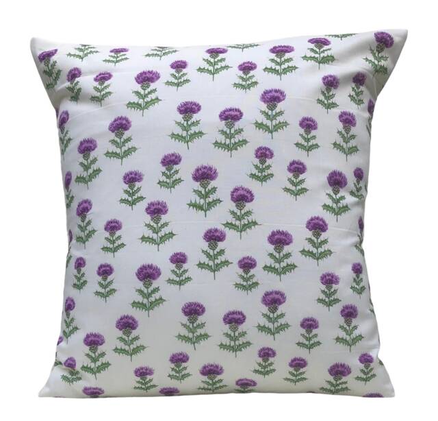 Thistle Print Cushion Cover Cream, Purple & Green Cotton - 16 - image 1