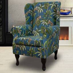 Teal Monkey Wingback Armchair - Tropical Botanical Jungle Chair Handmade in Britain