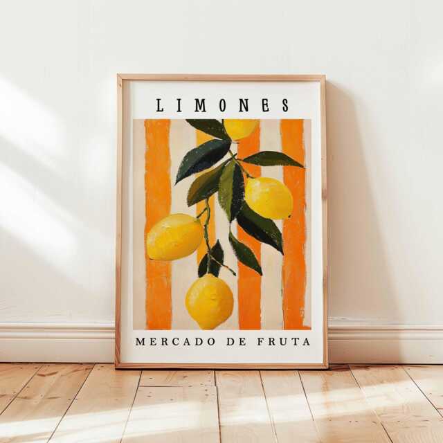 Limones Lemon Fruit Poster, Spanish Market Citrus Wall Art, Bold Orange Stripe Kitchen Decor, Unframed Botanical Still Life Print
