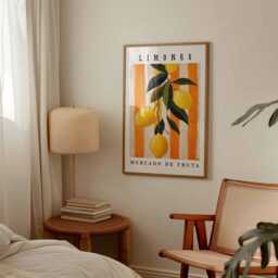 Limones Lemon Fruit Poster, Spanish Market Citrus Wall Art, Bold Orange Stripe Kitchen Decor, Unframed Botanical Still Life Print - thumbnail 2