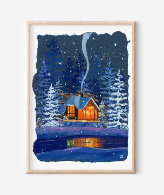 Cozy Winter Cabin Art Print Christmas Snow Scene - image 1