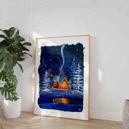 Cozy Winter Cabin Art Print Christmas Snow Scene - thumbnail 2