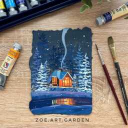Cozy Winter Cabin Art Print Christmas Snow Scene - thumbnail 4