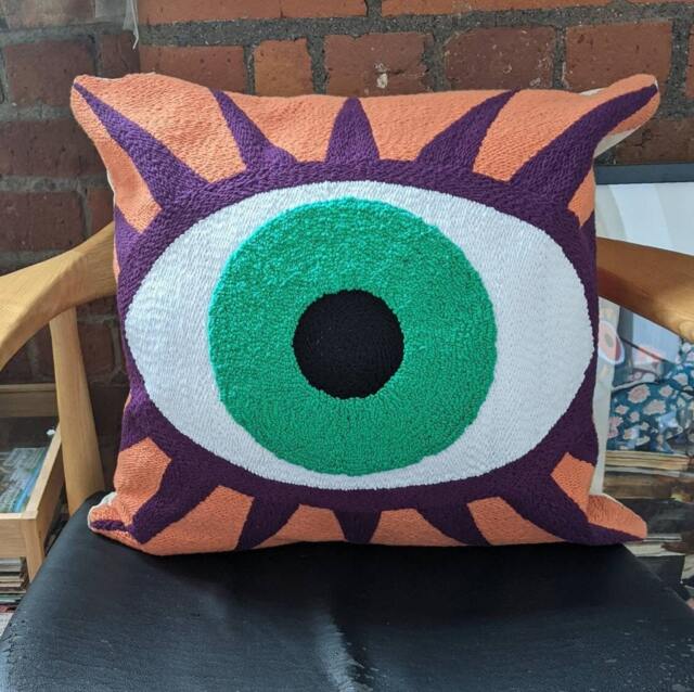 The Original Hand Tufted Evil Eye Cushion. Embroidered Cushion, Eyeball, Colourful Decor Punch Needle Design Orange Turquoise Purple - image 1